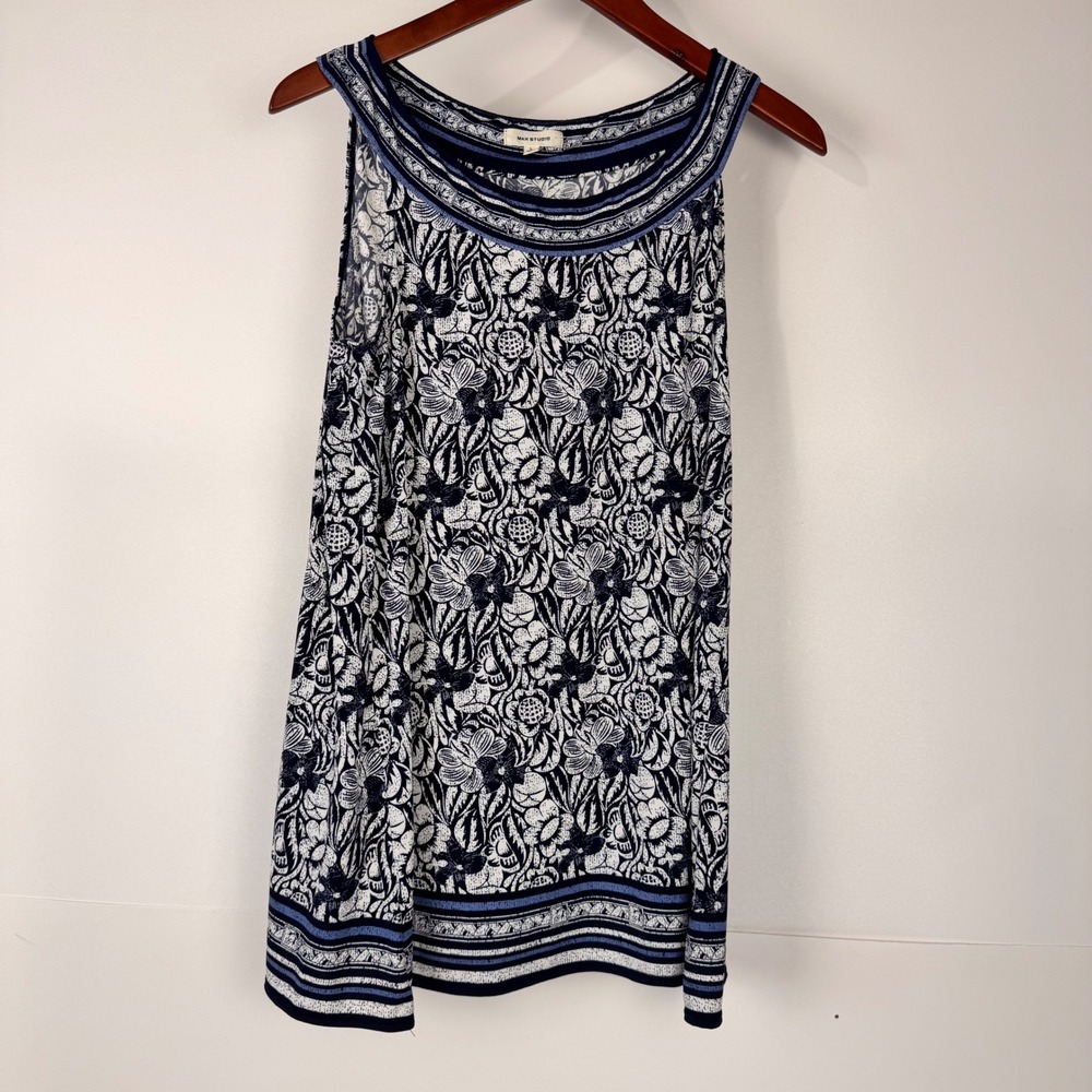 Max Studio Tank Top Women Large Blue Floral Sleeveless Shell Casual Summer